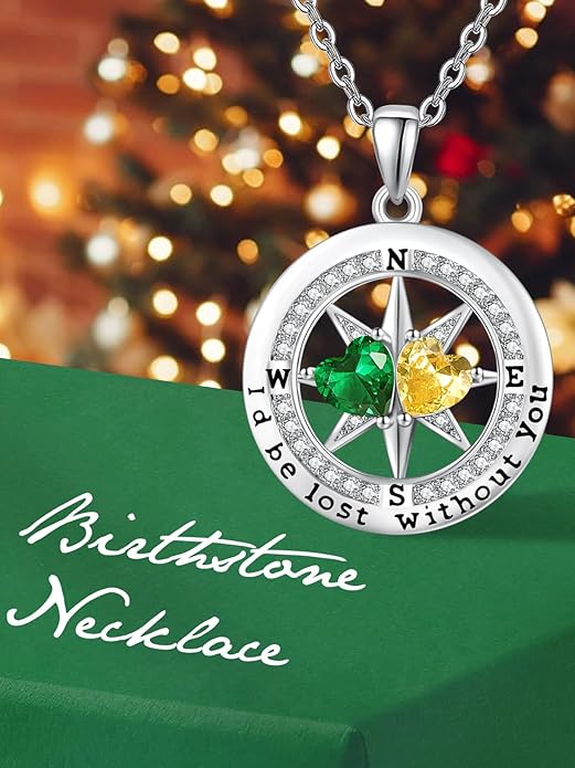 Compass Necklace for Women, Exquisite S925 Valentines Day Anniversary Birthday Gifts for Wife Her Double Birthstone Pendant Jewelry ‘I'd be Lost Without You’
