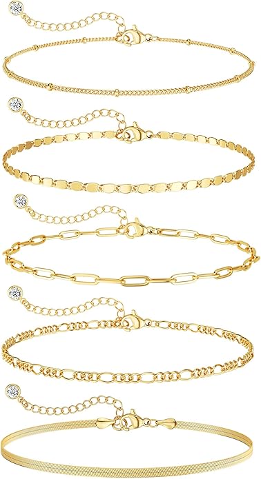 DEARMAY 14K Gold Plated Bracelets for Women, Jewelry Sets Cute Tennis Beaded Bracelets Cuban Link Paperclip Chain Dainty Bracelet Pack Gifts