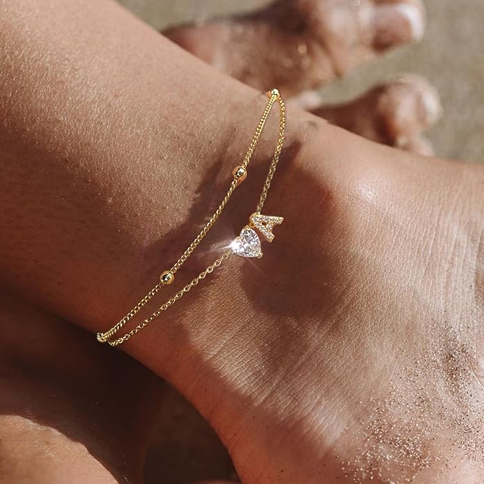 Ankle Bracelets for Women Waterproof 14K Gold Plated CZ Initial Anklet for Women Dainty Layered Letter Heart Ankle Bracelets Handmade Adjustable Foot Chain Anklet Summer Beach Jewelry