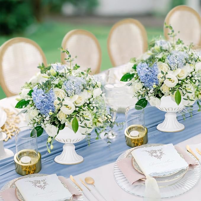 White Wedding Vases for Centerpieces: Small Flower Vase for Tables - 5 Inch Metal Compote Bowl Urn Pedestal for Party Anniversary Event Home Decor Set of 2