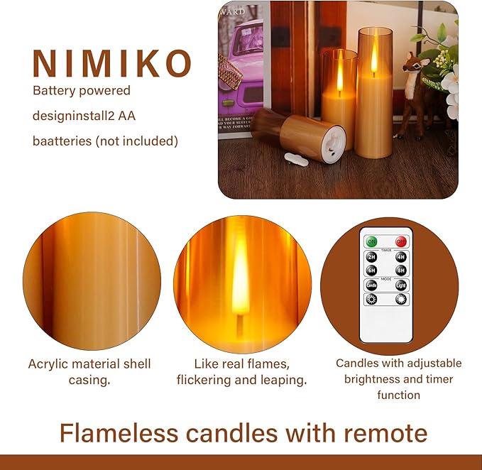 Flickering Flameless Candles 7Pcs Upgraded Realistic Dancing Flame Battery Operated Candles,LED Candles with Remote and Timers,Acrylic Electric Pillar Candles for Festivals Decor(Gold)