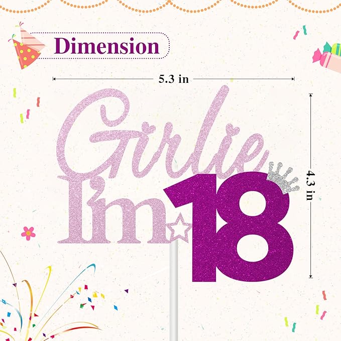 Girlie I'm 18 Cake Topper, 18th Birthday Decorations for Girl, Glitter Funny 18th Birthday Cake Topper, Girlie 18 Year Old Birthday Party Decoration Supplies