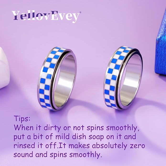 Checkered Fidget Ring For Women - Blue Chessboard Design Band Rings Anxiety & Stress Relief Stacking Spinner Rings, Stainless Steel Spinning Ring Anti-Anxiety Jewelry Gift for Adults