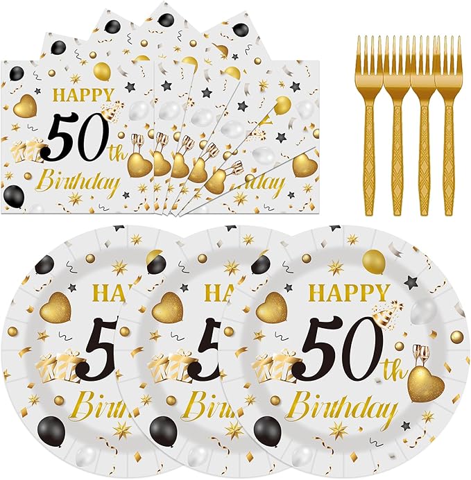 75PCS 50th Happy Birthday Plates and Napkins Party Decorations, 7 Inch Premium Grey and Gold Birthday Paper Dessert Cake Plates and Napkins Disposable Tableware Set Party Favors for Women Men