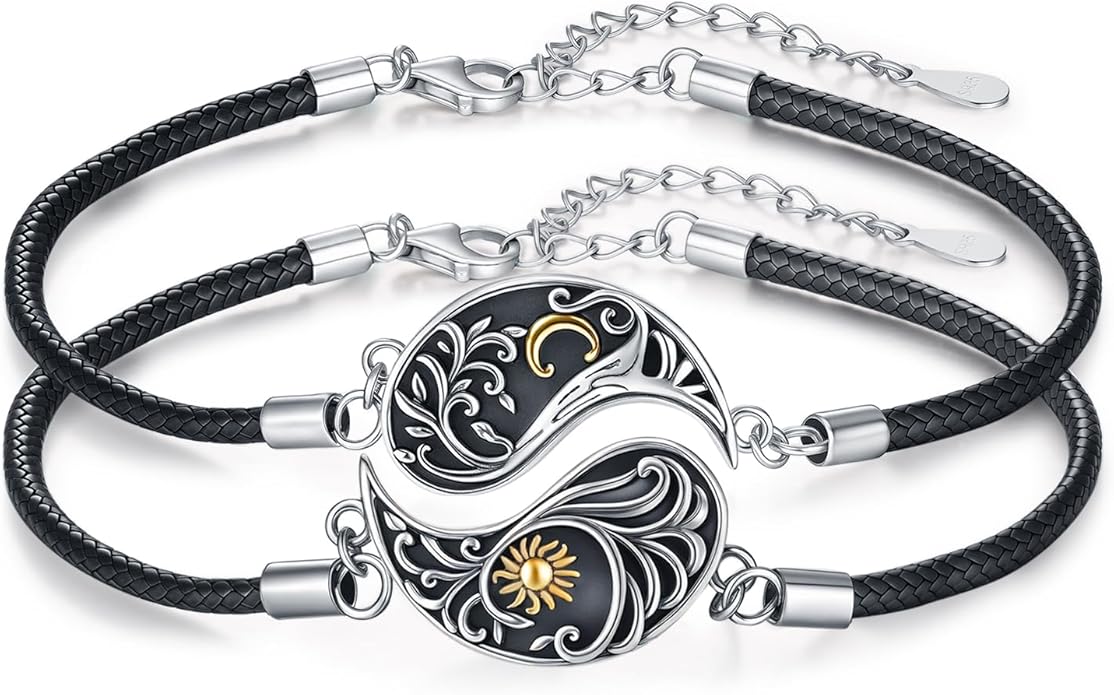 Yin Yang Bracelet 925 Sterling Silver Couple Friendship Bracelets Tree of Life/Sun Moon/Mountain/Lotus Abalone Jewelry for Women Men Couples, Leather Cord 7+2 in