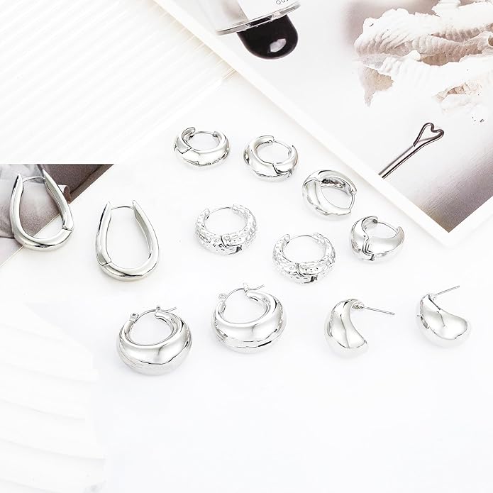 Wgoud 6 Pairs Gold Hoop Earrings Set for Women, 14K Gold Plated Hypoallergenic Lightweight Chunky Open Huggie Hoops Earrings Jewelry for Gifts.