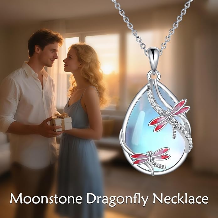 KQF Dragonfly/Butterlfy/Cat/Jellyfish/Bunny/Axolotl/Bee/Mermaid/Hummingbird/Elephant Necklace for Women Sterling Silver Moonstone Pendant Necklace Dragonfly Jewelry Gifts for Women