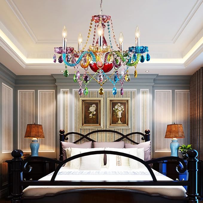 Saint Mossi Modern Colorful K9 Crystal Chandelier with 5 Lights, Contemporary Pendant Ceiling Lighting Fixture for Dining Room,Bedroom,Living Room,H19 x W19 with Adjustable Chain