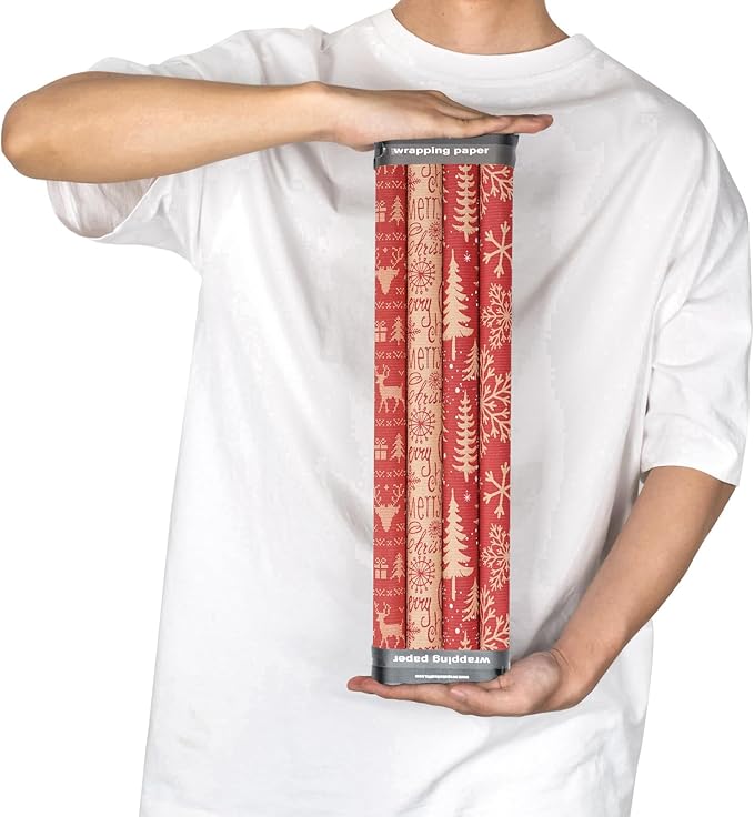RUSPEPA Christmas Kraft Wrapping Paper Roll - Red Reindeer, Snowflake, Christmas Tree and Text Design - 17 inches x 10 feet per Roll, Total of 4 Rolls