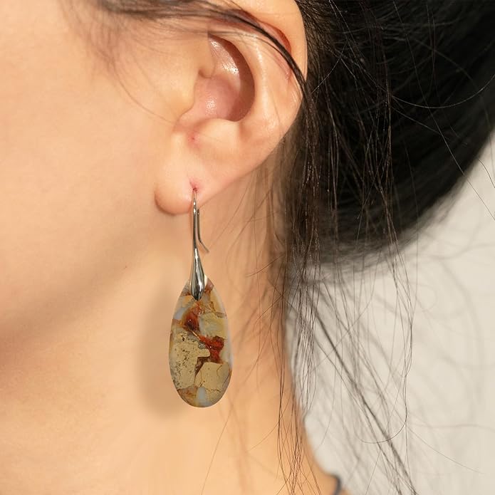 Natural Healing Stone Fishhoop Dangle Drop Earrings Statement Gold silver earrings
