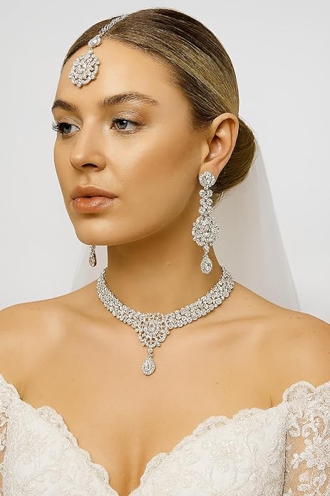 Touchstone Indian jewelry sets for women gold wedding tikka necklace set guest costume fancy bridal jewellery rhinestone crystal elegant formal prom evening wear dainty accessories