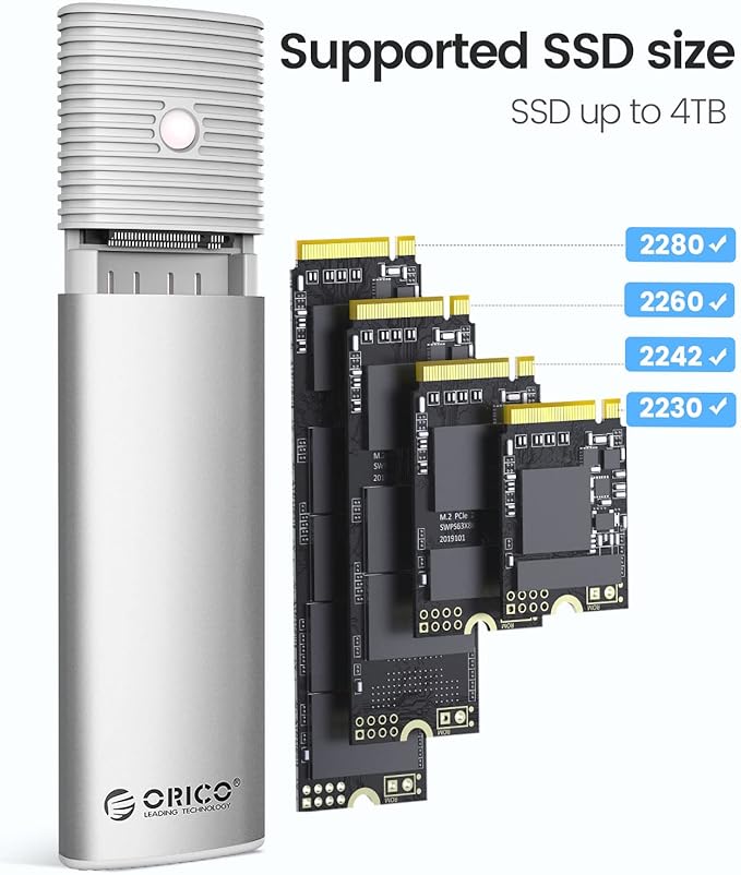 ORICO M.2 NVMe SATA SSD Enclosure Adapter Tool-Free, USB C 3.2 Gen 2 10Gbps NVMe, 5Gbps NGFF SATA PCIe M-Key(B+M Key) 2230/2242/2260/2280, Aluminum External M2 Reader Support UASP Trim- PWDM2-WH