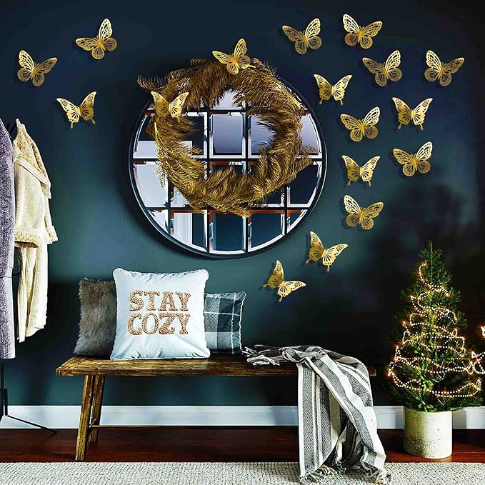 Gold Butterfly Decorations 48Pcs 2 Styles 3 Sizes 3D Paper Butterflies Stickers Wall Decor for Cake Cupcake Toppers Golden Graduation Grad Cap Decals for Birthday Party Baby Shower Kids Girl Room