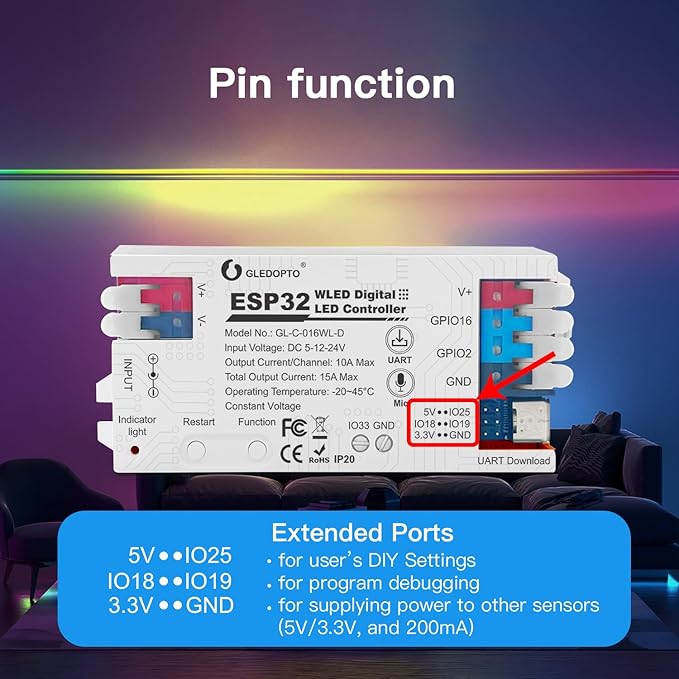 ESP32 WLED LED Strip Light Controller 15A Fuse Music Mic DIY Dynamic Lighting UART USB-C Download Energy Save Relay App Control RGB IC Addressable Digital WS2811 WS2812 SK6812 TM1814 WS2813 WS2815 etc