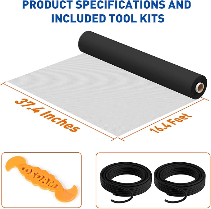 MAGZO Window Screen Replacement Mesh Roll, 37.4in × 16.4ft Upgraded Density 48x48 Mesh 0.12mm WD High Definition Siftproof Screen for Porch Doors Repair Kit, Ideal for Patio, Sliding Doors