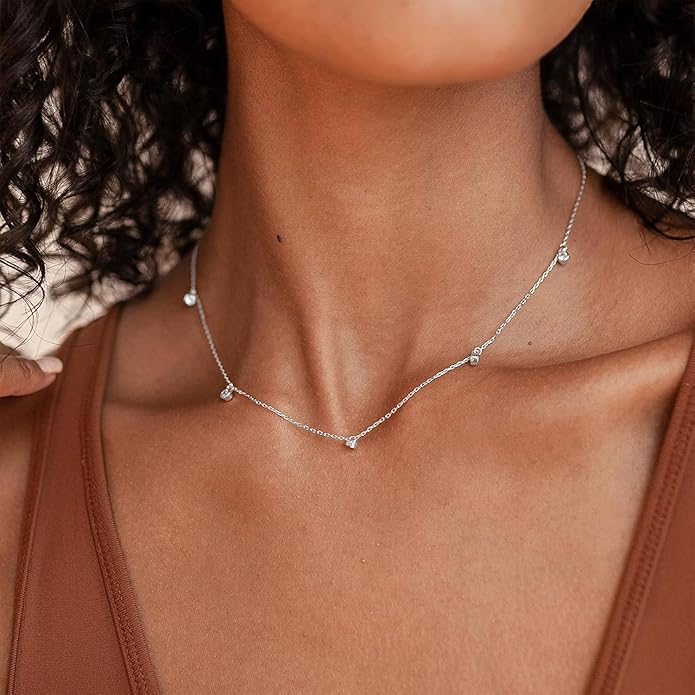 Valentines Day Gifts for Women Her - Dainty Necklaces for Women Cute Station Choker Simulated Diamond Necklace Simple Layering CZ Necklace Trendy Jewelry Gifts