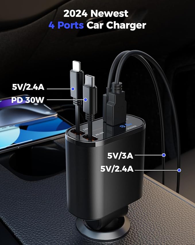 Retractable Car Charger 4 in 1 Fast Car Phone Charger Adapter with Type C & Apple Cords Compatible with iPhone 16/15/14/13/12/11, Galaxy, Pixel