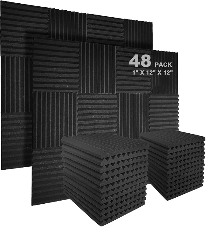JBER 48 Pack Charcoal Acoustic Panels Studio Foam Wedges Fireproof Soundproof Padding Wall Panels 2.5 X 30 X 30cm/1" X 12" X 12"