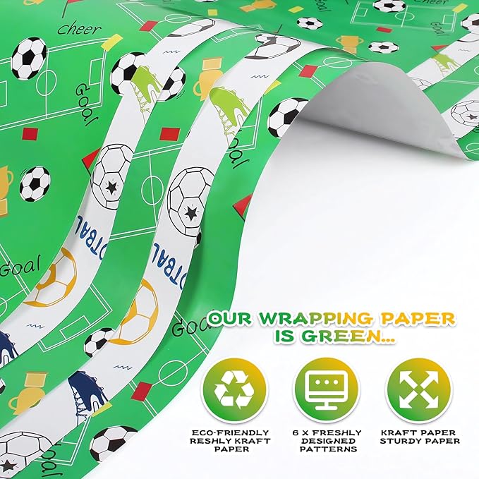 Wrapping Paper Football Wrapping Paper Boys Men Birthday Wrapping Paper Sheets with Sport Soccer Green White Mixed Design,Birthday Gift Wrap Set for Present Birthday Paper Wrap,Ribbion Tags(6 Sheets, 28"Lx20"W per Sheet)