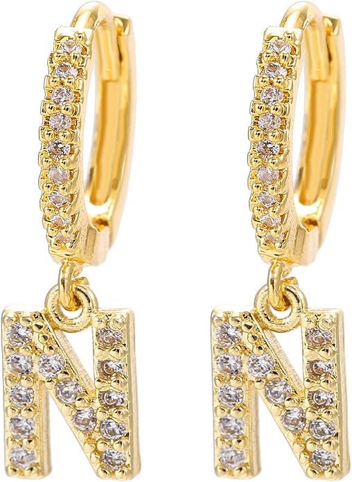 14K Gold Dangle Drop Initial Earrings for Women Dainty CZ Huggie Hoop Name Letter Earrings S925 Sterling Silver Post with Cubic Zirconia Hypoallergenic Gifts Jewelry