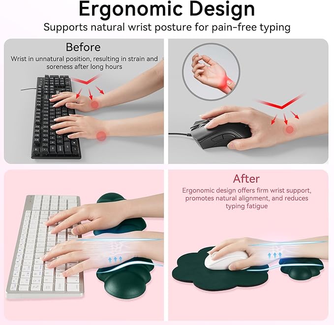Cloud Wrist Rest for Computer Keyboard, 4-in-1 Memory Foam Leather Cloud Keyboard Wrist Rest and Mouse Pad Set with Ergonomic Support for Arm and Palm Cushion, Gaming/Work Setup, Dark Green