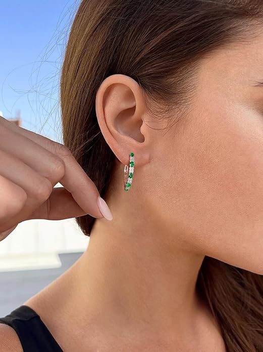 Women's Huggie Hoops with Birthstone 925 Sterling Silver Huggie Stud Hypoallergenic 14K Gold Plated Moissanite Earrings -Emerald Sapphire Ruby Hoop Earrings, Size 20 25mm