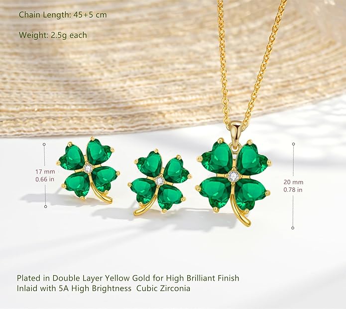 VONSSY Four Leaf Clover Necklace Earrings Shamrock Irish ST Patricks Jewelry Set Gift 18k Gold Plated Green Emerald Zircon Diamond Crystal Lucky Saint Pendant for Woman Wife Girlfriend Mom