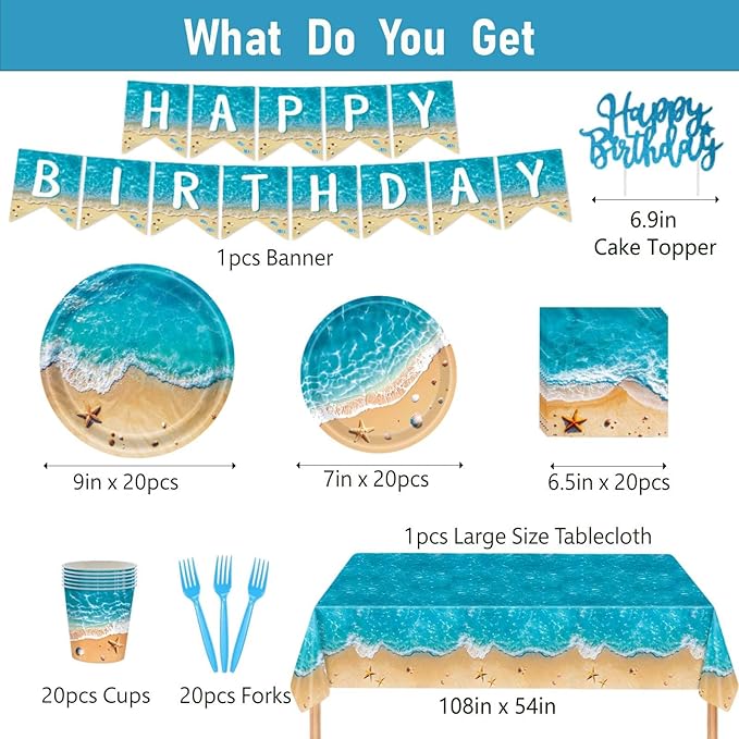 Beach Party Decorations, Ocean Themed Party Decorations Include Plates Napkins, Cake Topper, Cups Banner Tablecloth for Hawaiian Pool Summer Birthday Party Supplies, Serve 20