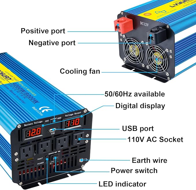 Yinleader 4000W Pure Sine Wave Power Inverter 12V DC to AC 110V-120V Converter for Family Vehicle RV Truck Solar System/Road Trip/Camp/Emergency w/4 AC Charger Outlets LED Display Remote Controller