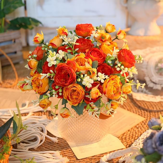 Floweroyal 4 Bunches Peony Artificial Flowers Orange Yellow Flowers Silk Peonies Bouquets for Wedding Party Table Centerpieces Floral Arrangement Home Kitchen Decor