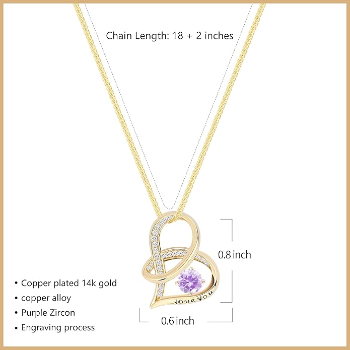 Enduring Hearts Purple Zircon Necklace for Women - 14K Gold Plated Copper Infinity Pendant, Dainty Everyday Jewelry