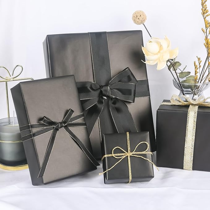 NESCCI Matte Metal Black Wrapping Paper, Solid Color Paper-2 Roll,17.5 Inches X 32.8 Feet Per Roll,Gift Wrapping Paper,Perfect for Wedding,Valentine's Day,Birthday,Baby Shower,DIY Bouquet