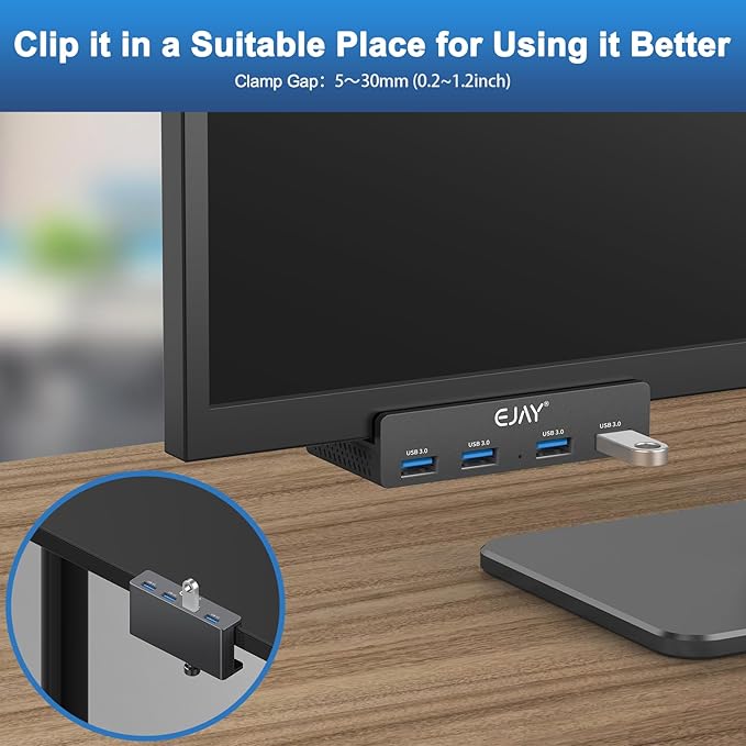 EJAY 4Ports USB3.0 Splitter Alu Clamp Desktop USB HUB for Desk/Monitors Clipping with Extra Power Supply Port and 2 Long Cables(59inches Data & 39inches Power Cables)