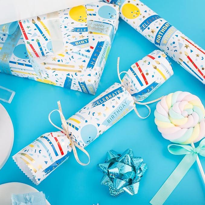 MIMUTI Blue Birthday Wrapping Paper for Boys - 17 Inch X 33 Feet - Foil Gift Wrap with Colorful Balloons, Candles, HappyBirthday Text Design for Birthday, Holiday, Party, Baby Shower
