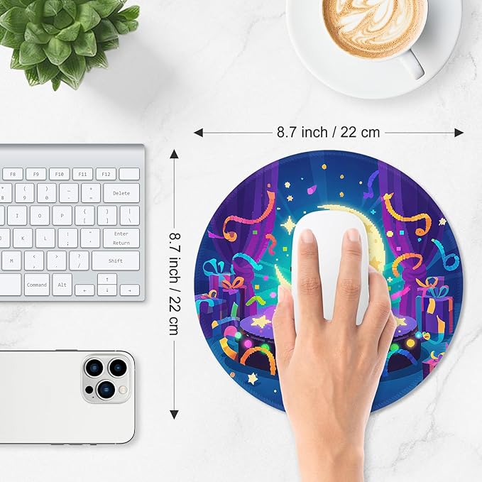ITNRSIIET Mouse Pad Non-Slip Rubber Base Smooth Surface Stitched Edges Waterproof Durable Compatible with All Mice for Office & Gaming, Desk Accessory, Diameter 8.7 inch, PixelPartyCat