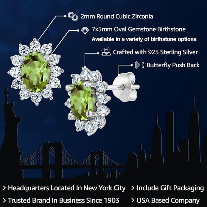 Gem Stone King 7X5MM Oval Gemstone Birthstone Stud Earrings For Women | Princess Diana Royal Halo Style | 925 Sterling Silver | Fine Jewelry Gifts for Anniversary Wedding Her Mom Women Wife