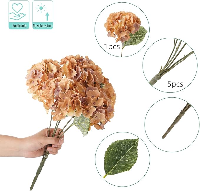 Kimura's Cabin 2Bouquets Faux Hydrangea Flowers Artificial Silk Plastic Floral 10Heads Hydrangea Flower Arrangements Wedding Party Autumn Garden Home Kitchen Table Center Decoration (Coffee)
