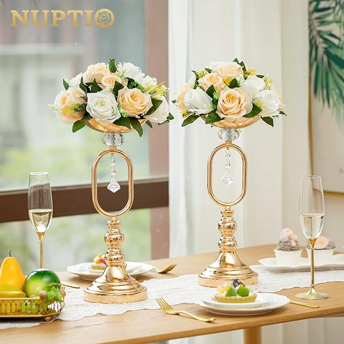Pcs of 10 Fake Flower Ball Arrangement Bouquet,15 Heads Plastic Roses with Base, Suitable for Our Store's Wedding Centerpiece Flower Rack for Parties Valentine's Day Home Décor (Champagne & White)