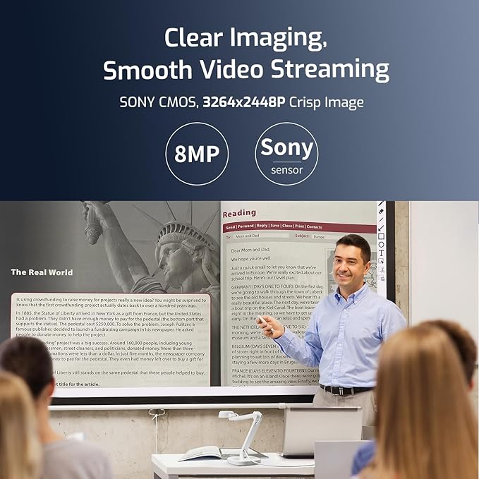INS-1 USB Document Camera — 8MP Ultra HD, Auto Focus, LED Light, Built-in Microphone, Mac OS, Windows, Chromebook Compatible for Distance Learning, Remote Teaching, Web Conferencing, Live Demo