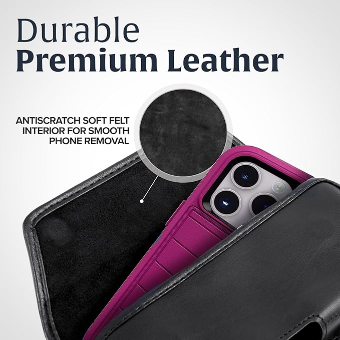 Turtleback Belt Holder for iPhone 16 Pro Max, 15 Pro Max, 14 Pro Max -Large- Fits w/Defender Bulky Style Cases, Premium Black Leather, Horizontal Case, Magnetic Close, Leather Wrapped Belt Clip