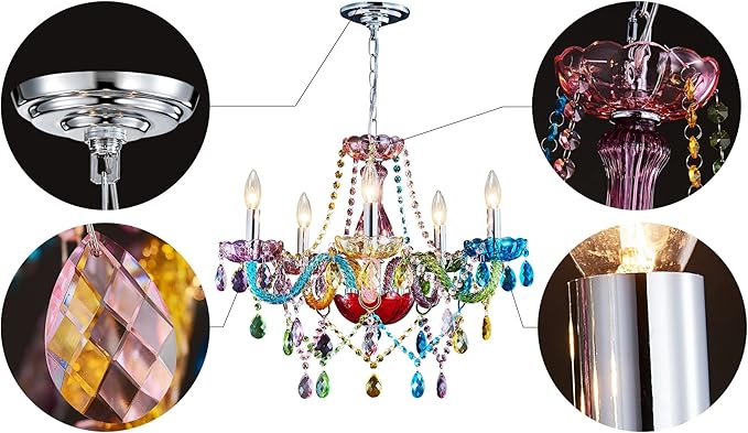 Saint Mossi Modern Colorful K9 Crystal Chandelier with 5 Lights, Contemporary Pendant Ceiling Lighting Fixture for Dining Room,Bedroom,Living Room,H19 x W19 with Adjustable Chain