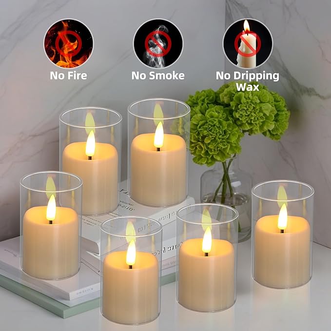 Flickering Flameless Candles, Realistic Glass LED Candles, 2"X3" Battery Operated Candles with Remote, Real Votive Electric Fake Pillar Candles for Festival Wedding Home Party Decor 6-Pack