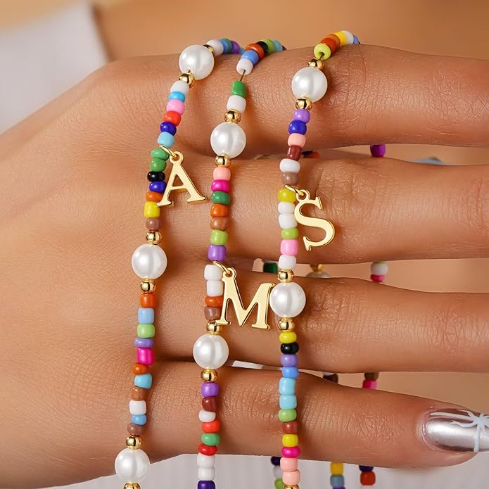M MOOHAM Valentines Day Gifts for Kids Teen Girls - Colorful Initial Necklaces for Girls Women Kids, Beaded Pearl Choker Necklace for Women Trendy, Birthday Gifts Teenage Girl Teen Kid Jewelry