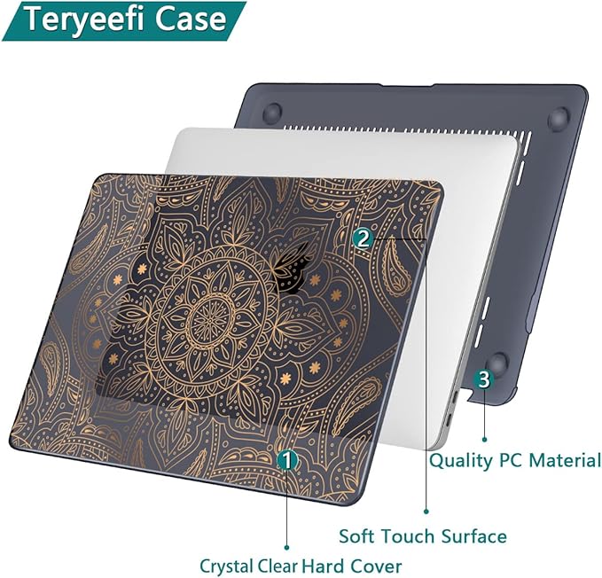Teryeefi Compatible with MacBook Air 13 inch Case M1 Chip A2337 A2179 A1932 Retina Display Touch ID (A2018 2019 2020 Release), Plastic Hard Shell & Keyboard Cover & Screen Protector,Gold Mandala