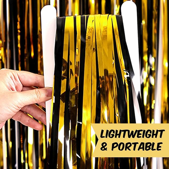 3 Pack Black and Gold Foil Fringe Curtains Backdrop, 3.28 x 8.2 Ft Metallic Streamers Tinsel Curtains Background for Photo Booth, Birthday, Halloween, Christmas, New Year Party Decorations