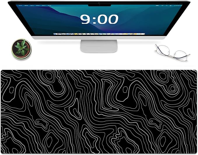Gaming Mouse Mat Forest Background Pattern XXL XL Large Mouse Mat Long Extended Mouse Pad Desk Mat Non-Slip Rubber Mice Pads Stitched Edges Thin Pad (Topographic Map Balck)