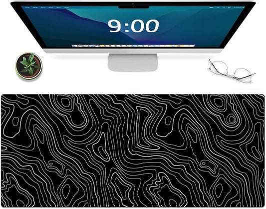 Gaming Mouse Mat Forest Background Pattern XXL XL Large Mouse Mat Long Extended Mouse Pad Desk Mat Non-Slip Rubber Mice Pads Stitched Edges Thin Pad (Topographic Map Balck)