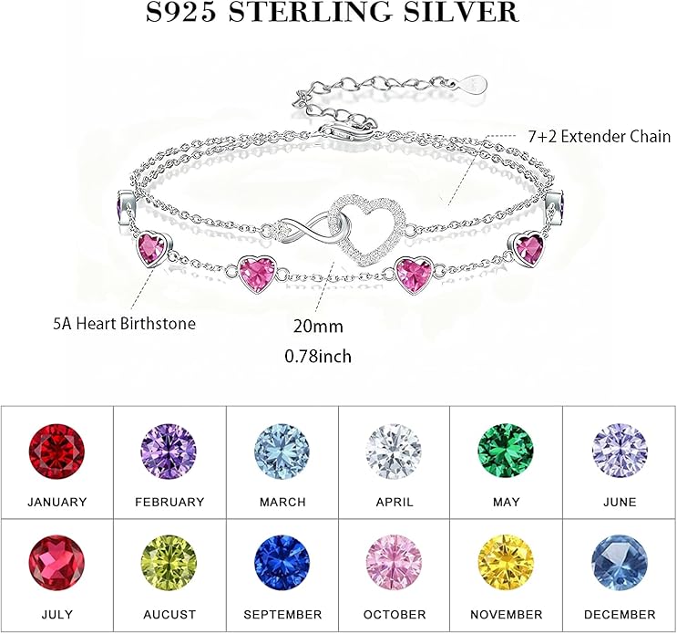 Prismata Infinity Birthstone Charm Link Bracelet 925 Sterling Silver Adjustable 12 Months Birthstone Infinity Bracelet Birthday Jewelry Gifts for Women Mom Her,with 7"+2" chain
