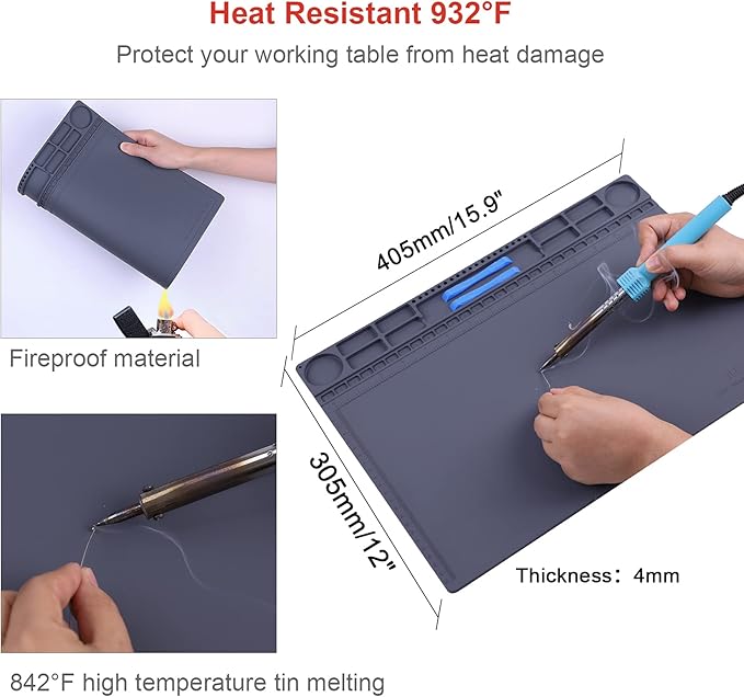 Anti Static Mat for PC Building, Computer Electronics Repair, IUZIT Heat Resistant 932°F ESD Soldering Mat with Grounding Cord & Plug, ESD Wristband for BGA Gun Soldering Iron15.9” x 12”