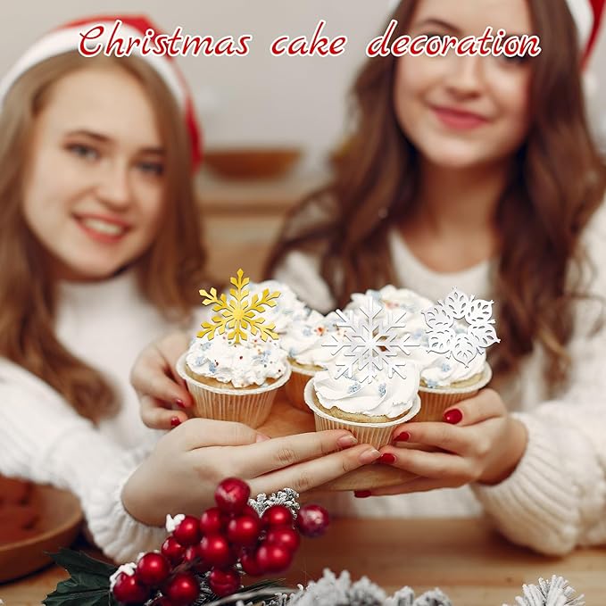 26 Pcs Snowflake Cupcake Toppers Acrylic Christmas Cupcake Toppers Mirror Frozen Cupcake Topper for Christmas Cake Decorations New Year Party Supplies